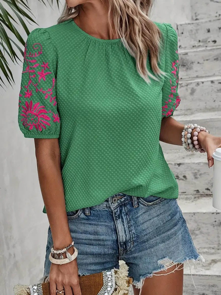 Loose Short Sleeves Bow-Embellished Contrast Color Split-Joint Round-Neck Blouses&Shirts Tops