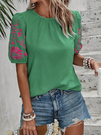 Loose Short Sleeves Bow-Embellished Contrast Color Split-Joint Round-Neck Blouses&Shirts Tops