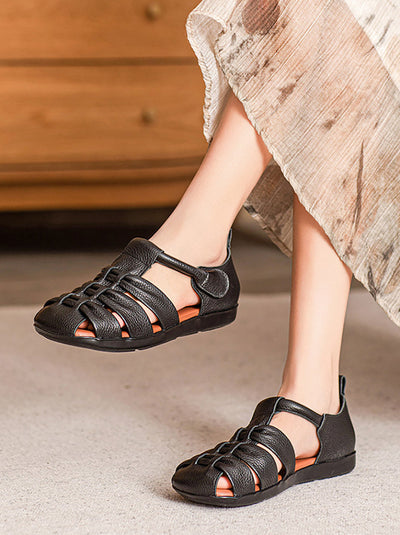 Women Genuine Leather Spliced Flat Sandals