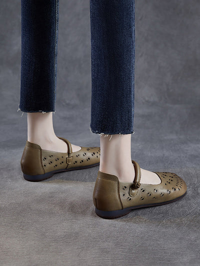 Women Summer Genuine Leather Hollow Out Low Heel Shoes