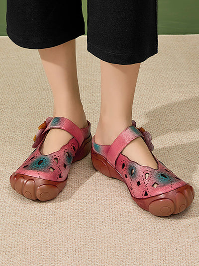 Women Artsy Colorblock Leather Flower Flat Sandals