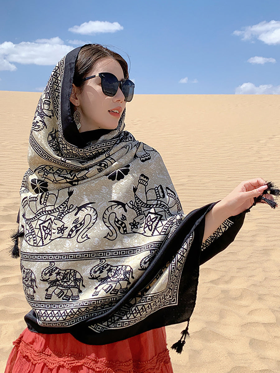 Women Ethnic Print Tassel Shawl Scarf