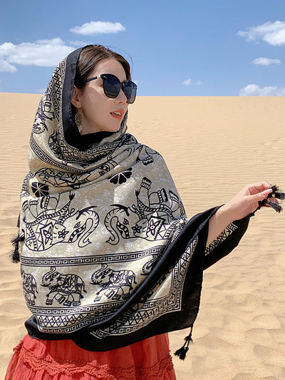 Women Ethnic Print Tassel Shawl Scarf