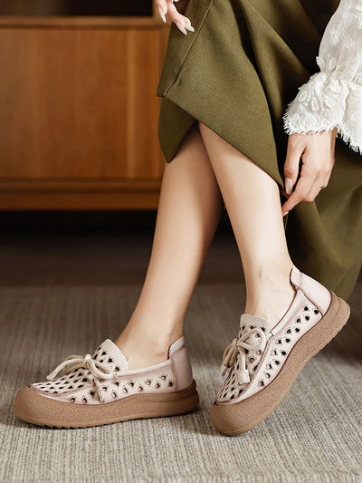 Women Summer Genuine Leather Hollow Out Flat Shoes