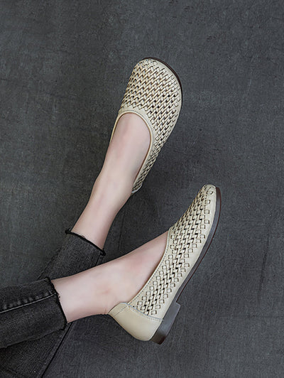 Women Summer Vintage Leather Weave Low Heel Shoes