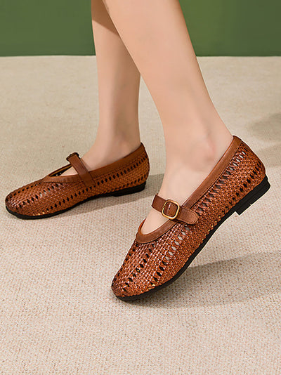 Women Vintage Leather Weave Low Heel Sandals