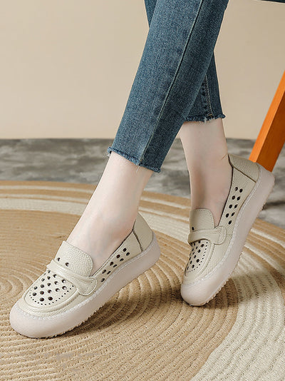 Women Summer Leather Hollow Out Flat Shoes