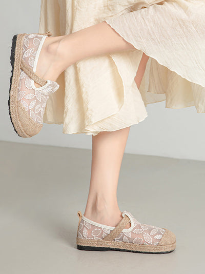Women Summer Ethnic Linen Flower Embroidery Flat Shoes