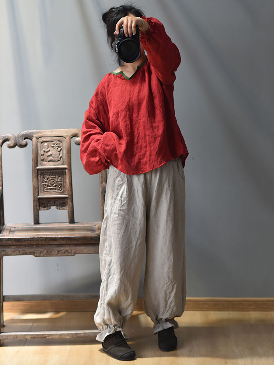 Plus Size Women Spring Retro V-Neck Puff Sleeve Shirt