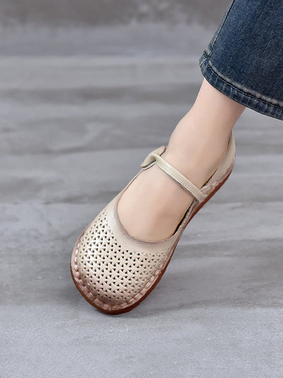 Women Ethnic Genuine Leather Hollow Out Low Heel Shoes