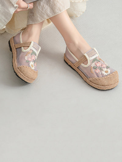 Women Summer Artsy Flower Embroidery Linen Slippers