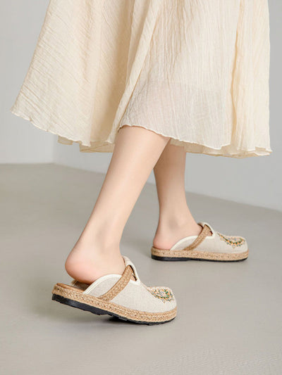 Women Summer Flower Embroidery Linen Slippers