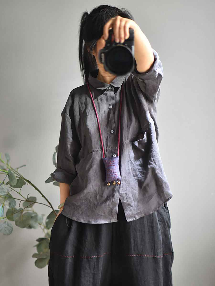 Plus Size Women Casual Solid Spring Stitching Linen Shirt