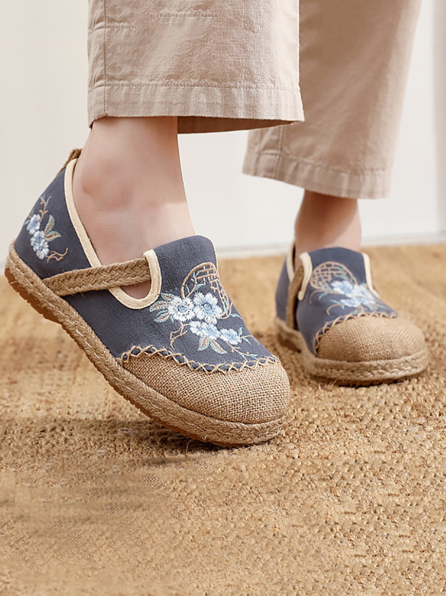 Women Vintage Summer Flower Cloth Linen Shoes