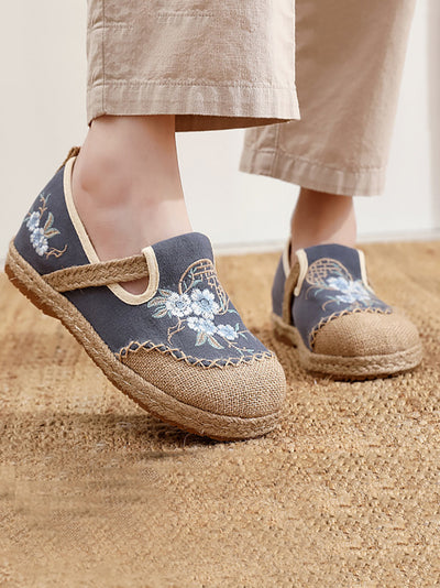 Women Vintage Summer Flower Cloth Linen Shoes