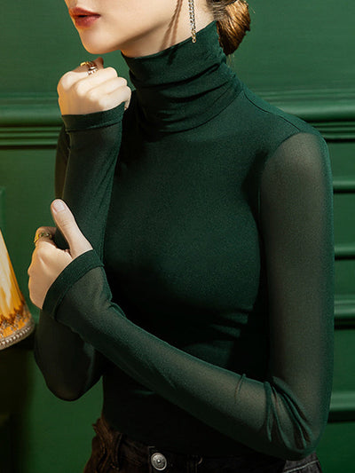 Long Sleeves Plus Size See-Through Solid Color Split-Joint High Neck T-Shirts