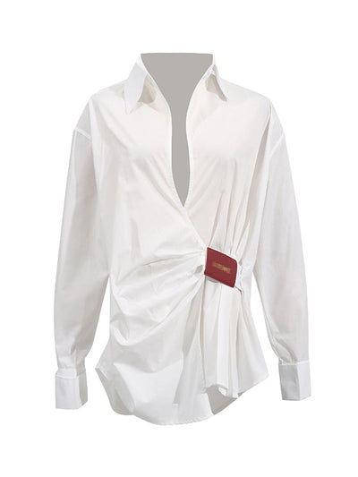 Long Sleeves Loose Buttoned Pleated Solid Color Lapel Blouses&Shirts Tops