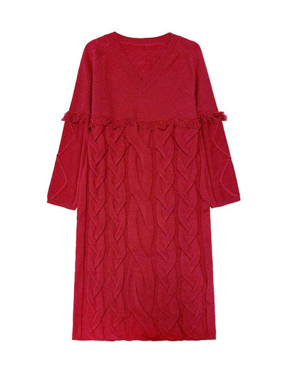 Long Sleeves Loose Solid Color Split-Joint Tasseled V-Neck Midi Dresses Sweater Dresses