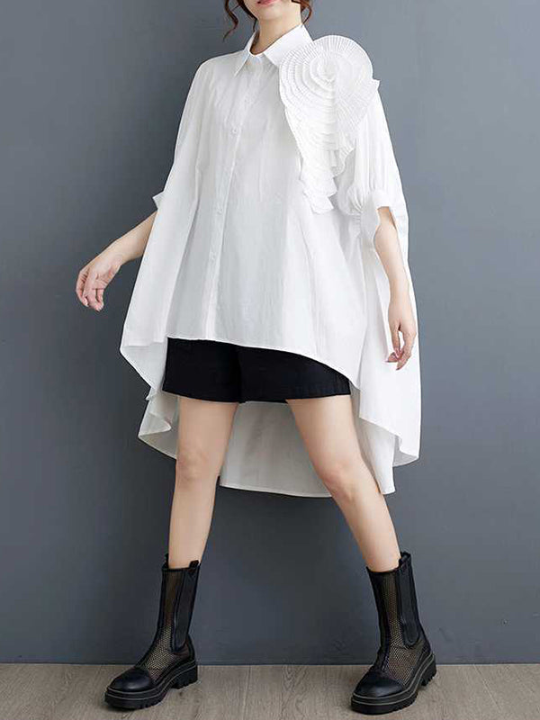 Batwing Sleeves Half Sleeves Asymmetric Buttoned Pleated Solid Color Three-Dimensional Flower Lapel Blouses&Shirts Tops