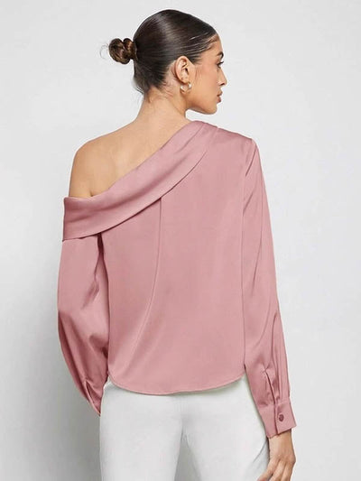 Long Sleeves Skinny Pleated Solid Color Split-Joint One-Shoulder Blouses&Shirts Tops