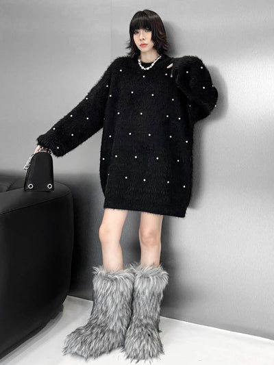 Long Sleeves Loose Beads Contrast Color Shiny Split-Joint Round-Neck Mini Dresses Sweater Dresses
