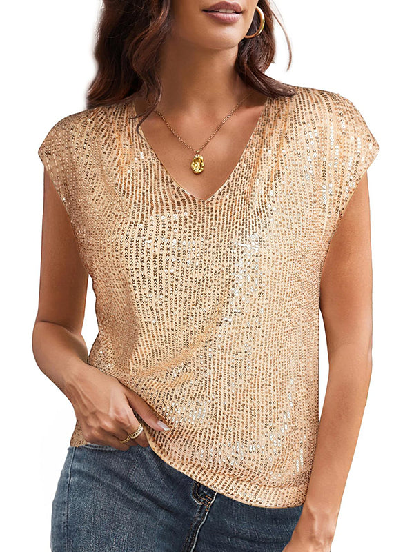 Batwing Sleeves Loose Sequined Shiny V-Neck T-Shirts Tops