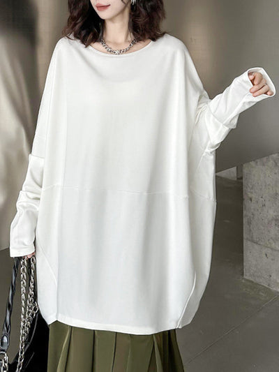 Batwing Sleeves Long Sleeves Solid Color Round-neck T-Shirts Tops
