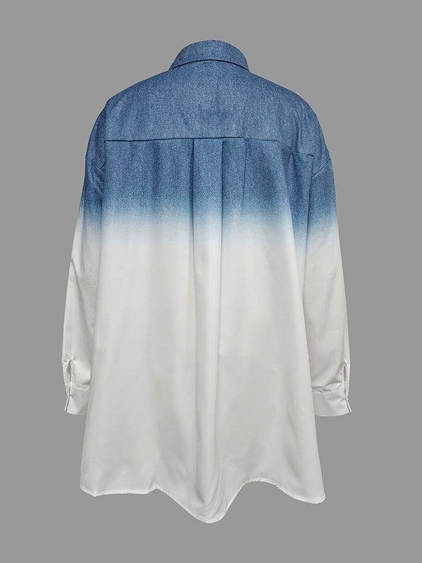 High-Low Loose Gradient Printed Split-Joint Split-Side Lapel Blouses&Shirts Tops