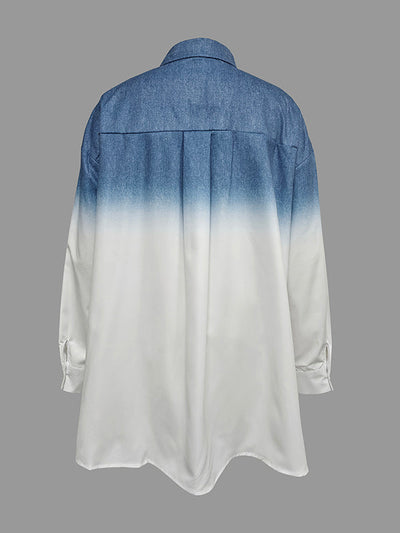 High-Low Loose Gradient Printed Split-Joint Split-Side Lapel Blouses&Shirts Tops