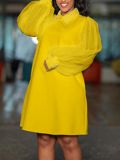 Puff Sleeves Beads Mesh Solid Color Split-Joint Round-neck Midi Dresses