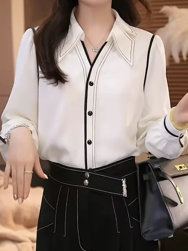 Long Sleeves Buttoned Contrast Color Pleated Lapel Blouses&Shirts Tops
