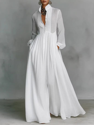 A-Line High Waisted Buttoned Pleated Pockets Solid Color Split-Joint Stand Collar Maxi Dresses Shirt Dress