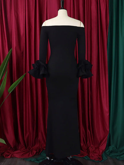 Bodycon Flared Sleeves Falbala Solid Color Split-side Off-the-shoulder Maxi Dresses