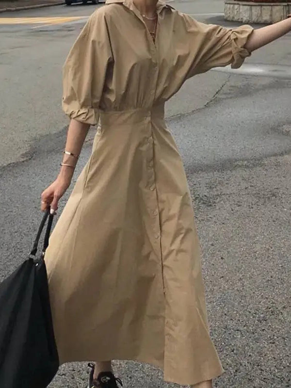 Loose Puff Sleeves Pleated Solid Color Split-Joint Lapel Maxi Dresses Shirt Dress