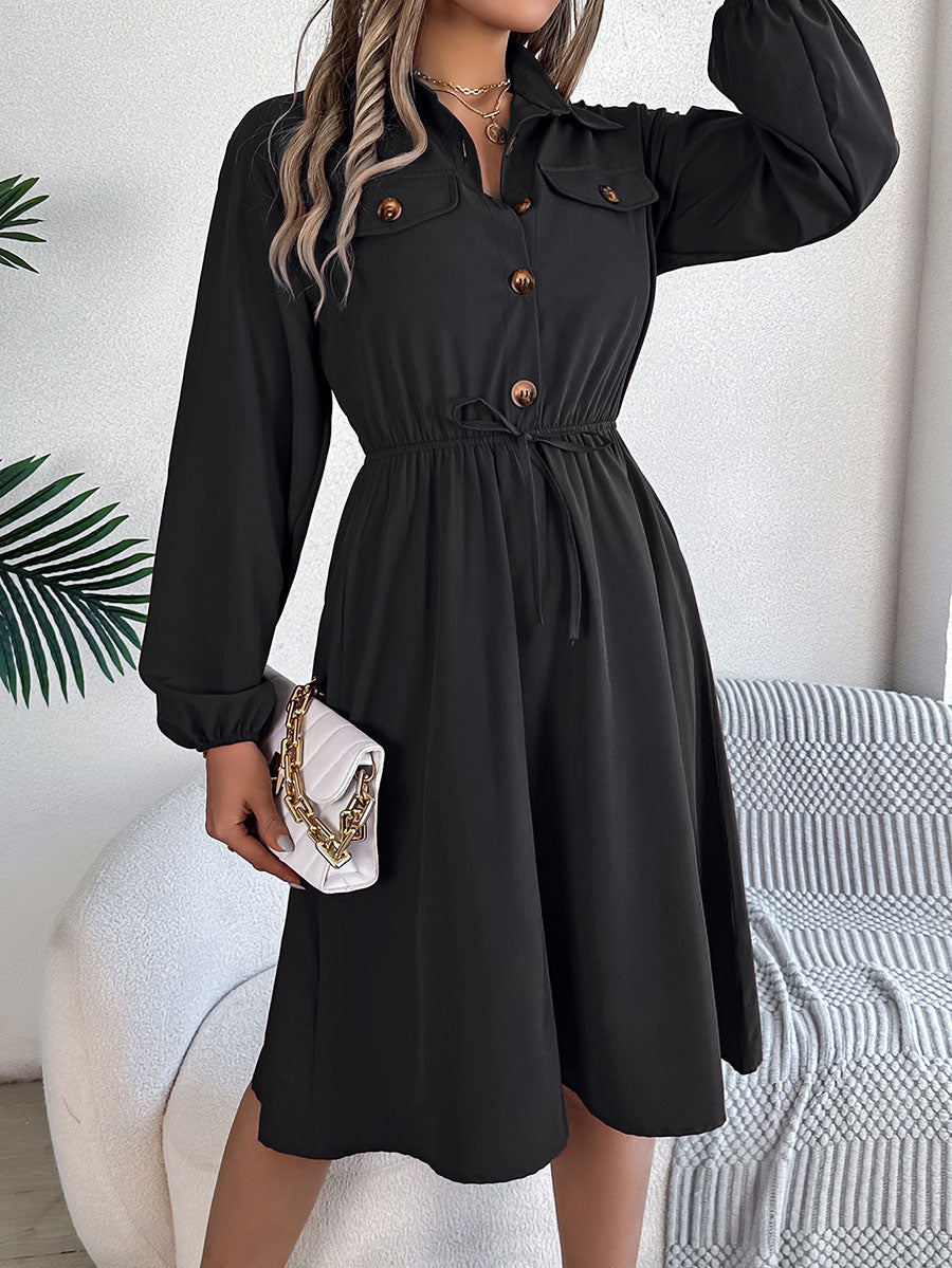 A-line Long Sleeves Buttoned Pleated Solid Color Tied Lapel Midi Dresses Shirt Dress