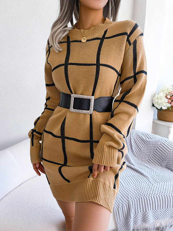 Elasticated Waist Long Sleeves Belted Contrast Color Plaid Round-Neck Mini Dresses Sweater Dresses