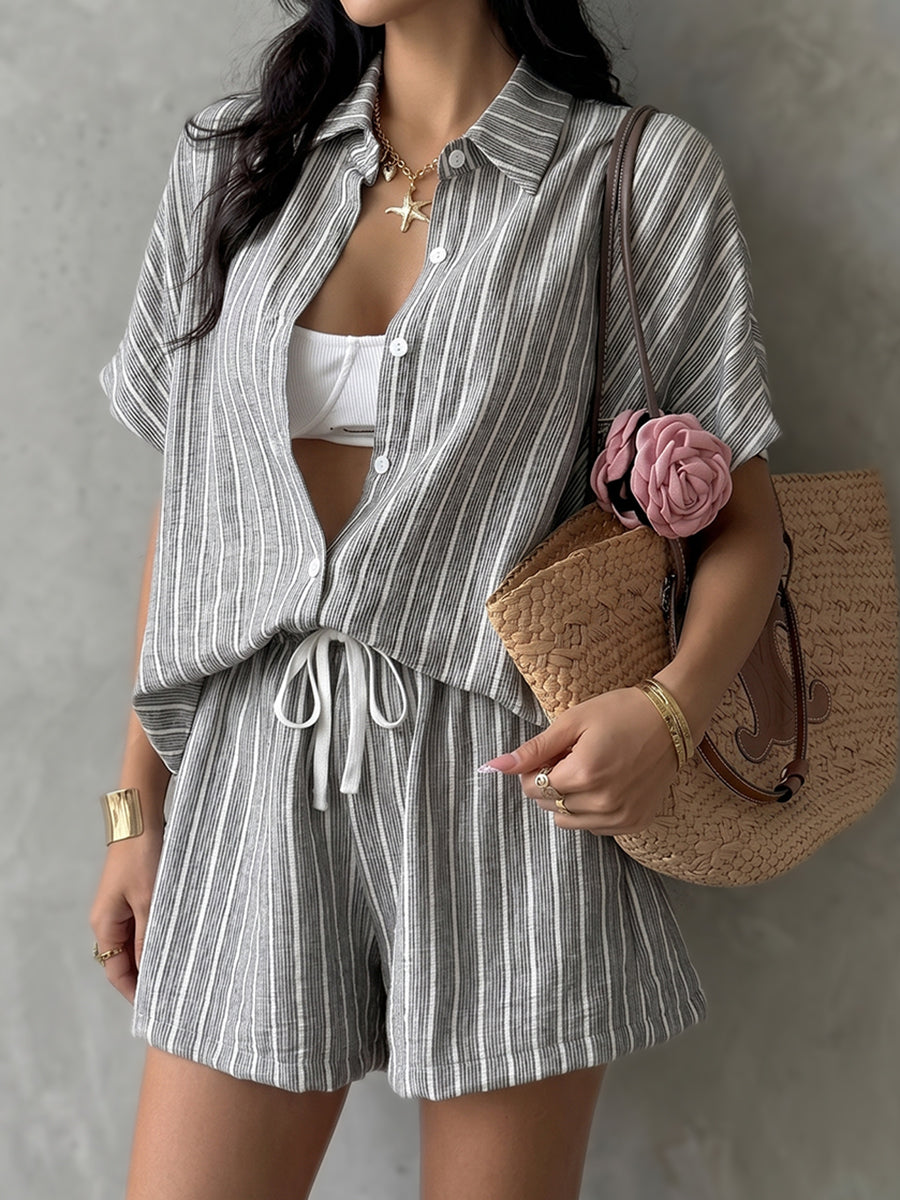 Loose Contrast Color Striped Short Sleeves Buttoned Lapel Blouses&Shirts Tops + Tied Waist Shorts Bottoms Two Pieces Set
