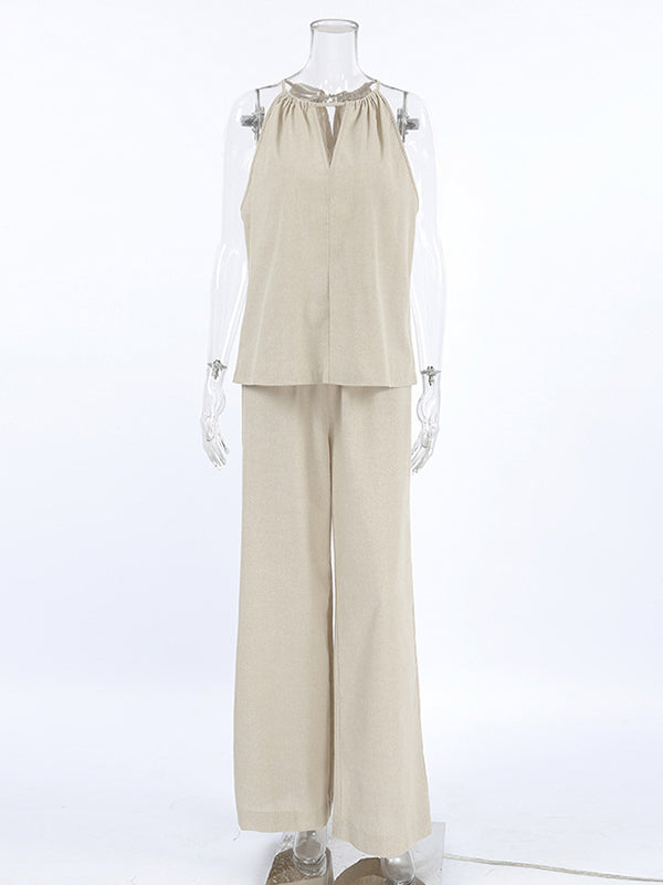 Loose Hollow Split-Joint Halter-Neck Vest + Elasticity High Waisted Pants Trousers Two Pieces Set