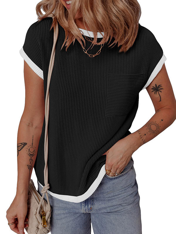 Loose Short Sleeves Colorful Contrast Color Pockets Round-neck T-Shirts Tops