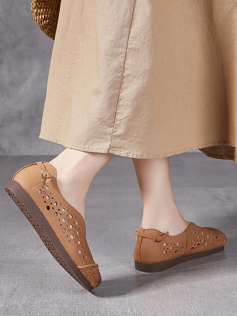 Women Summer Vintage Leather Cowhide Flat Shoes