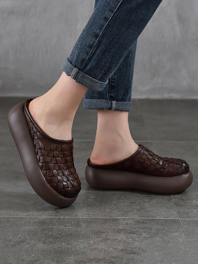 Women Genuine Leather Weave Platform Slippers