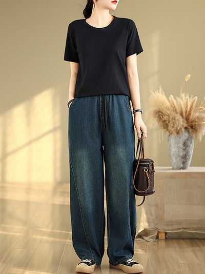 Women Casual Pure Color Denim Spliced Straight Pants