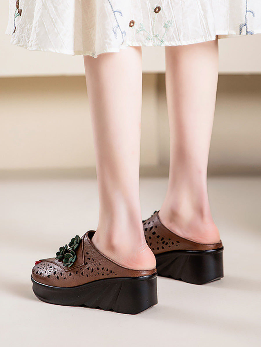 Women Summer Hollow Out Leather Platform Slippers