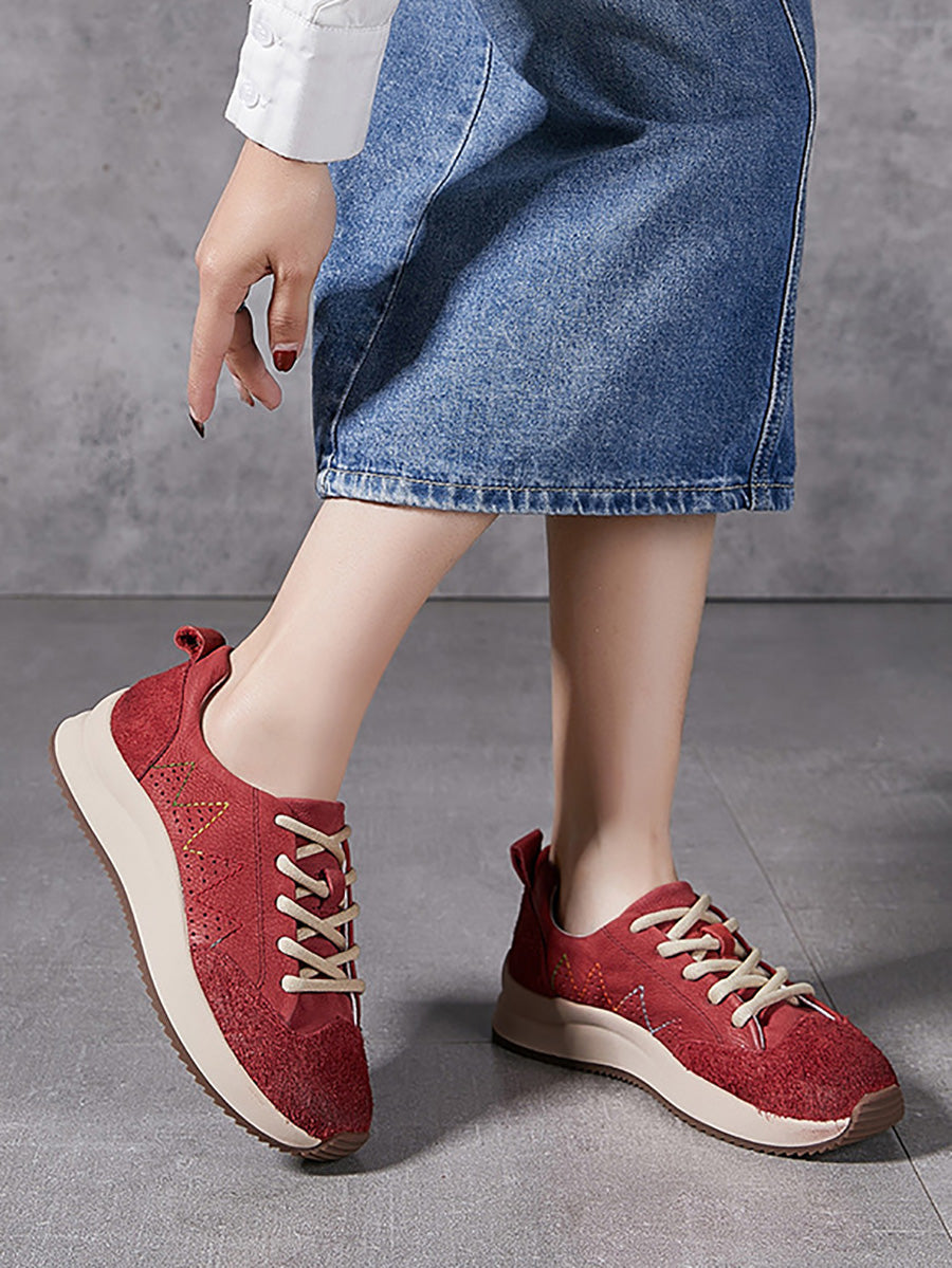 Women Genuine Leather Spliced Platform Sport Shoes