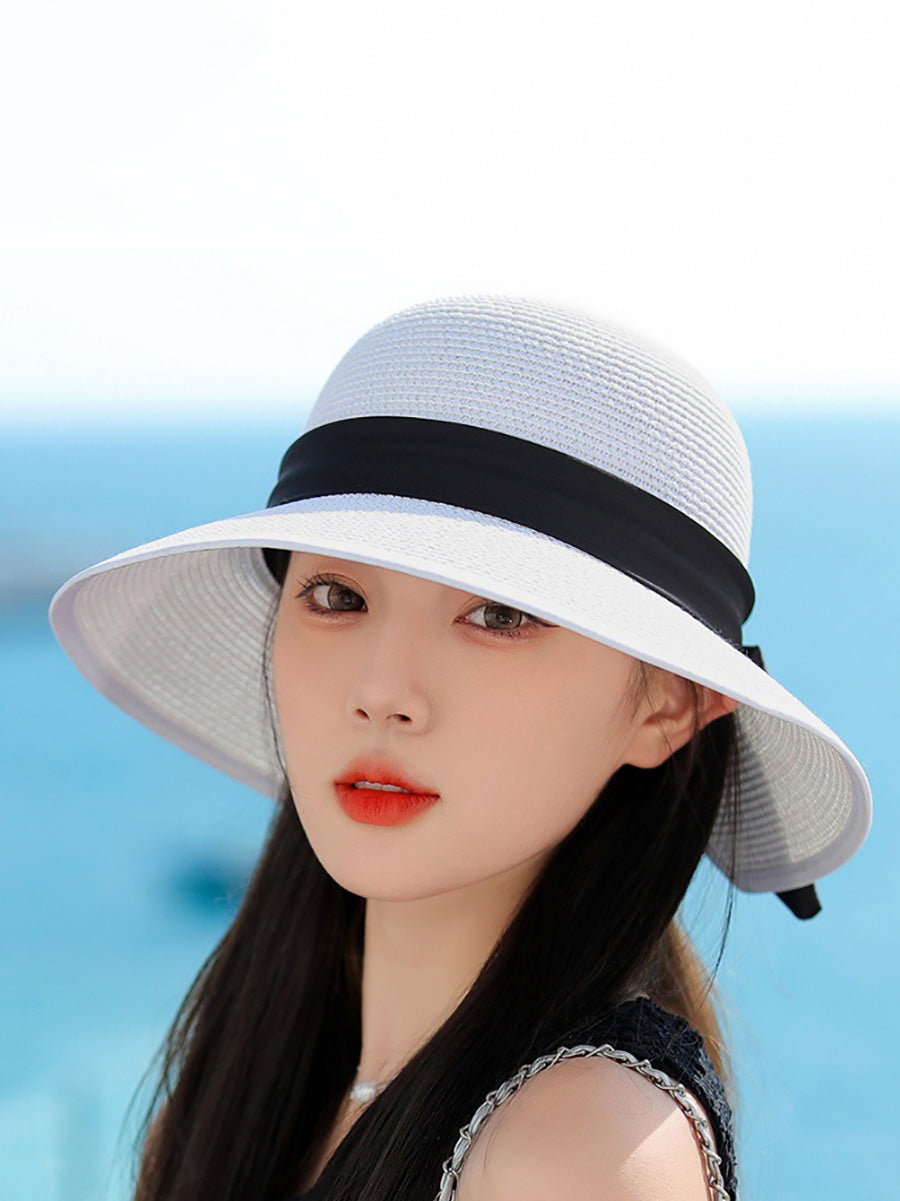 Women Straw Weave Stain Bowknot Sunproof Hat