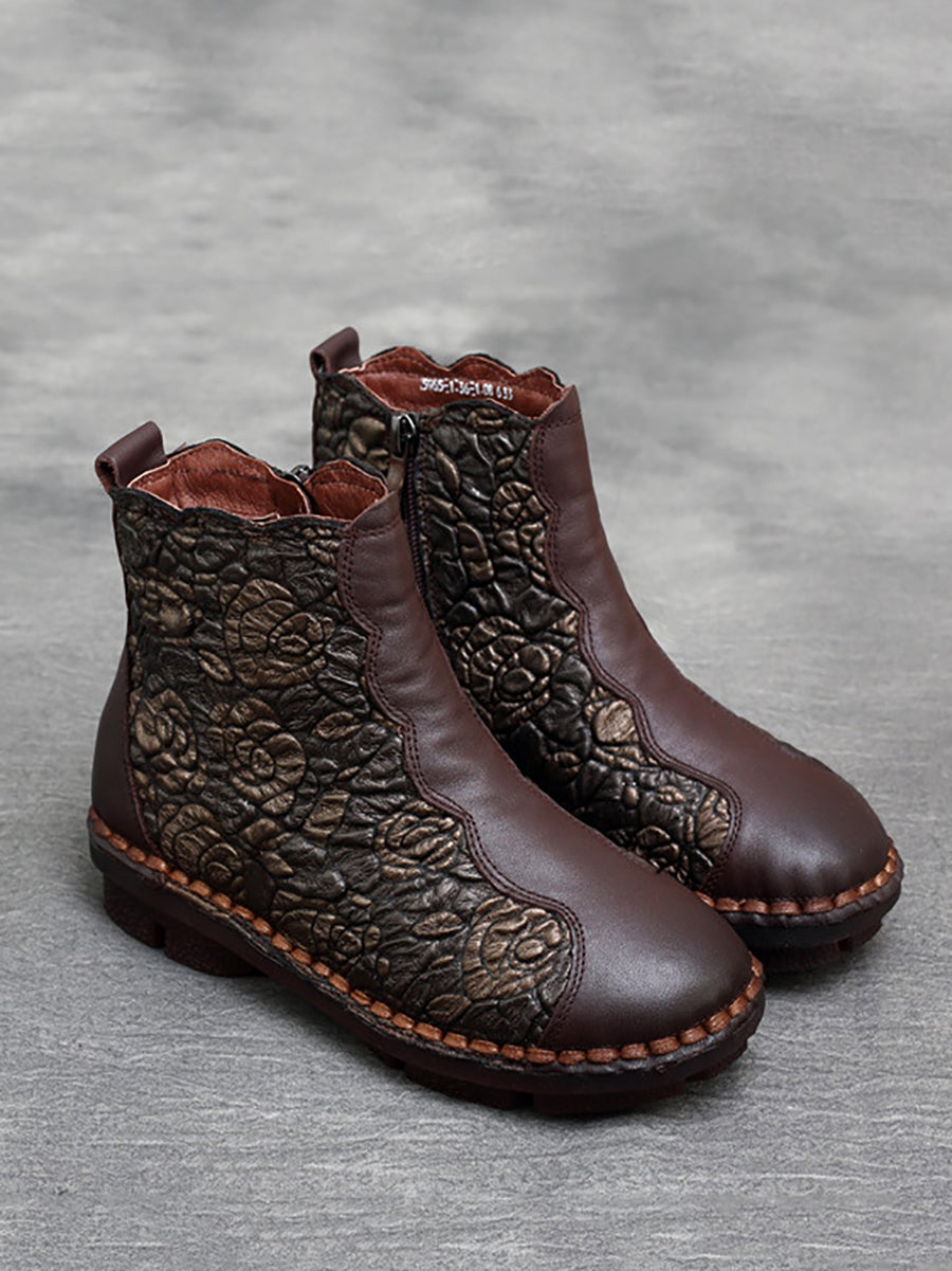 Women Retro Flower Leather Spliced Zipper Low Heel Boots