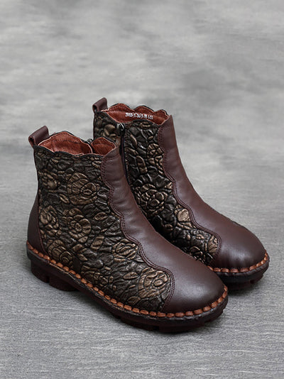 Women Retro Flower Leather Spliced Zipper Low Heel Boots