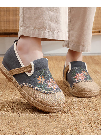 Women Summer Artsy Flower Embroidery Flat Shoes