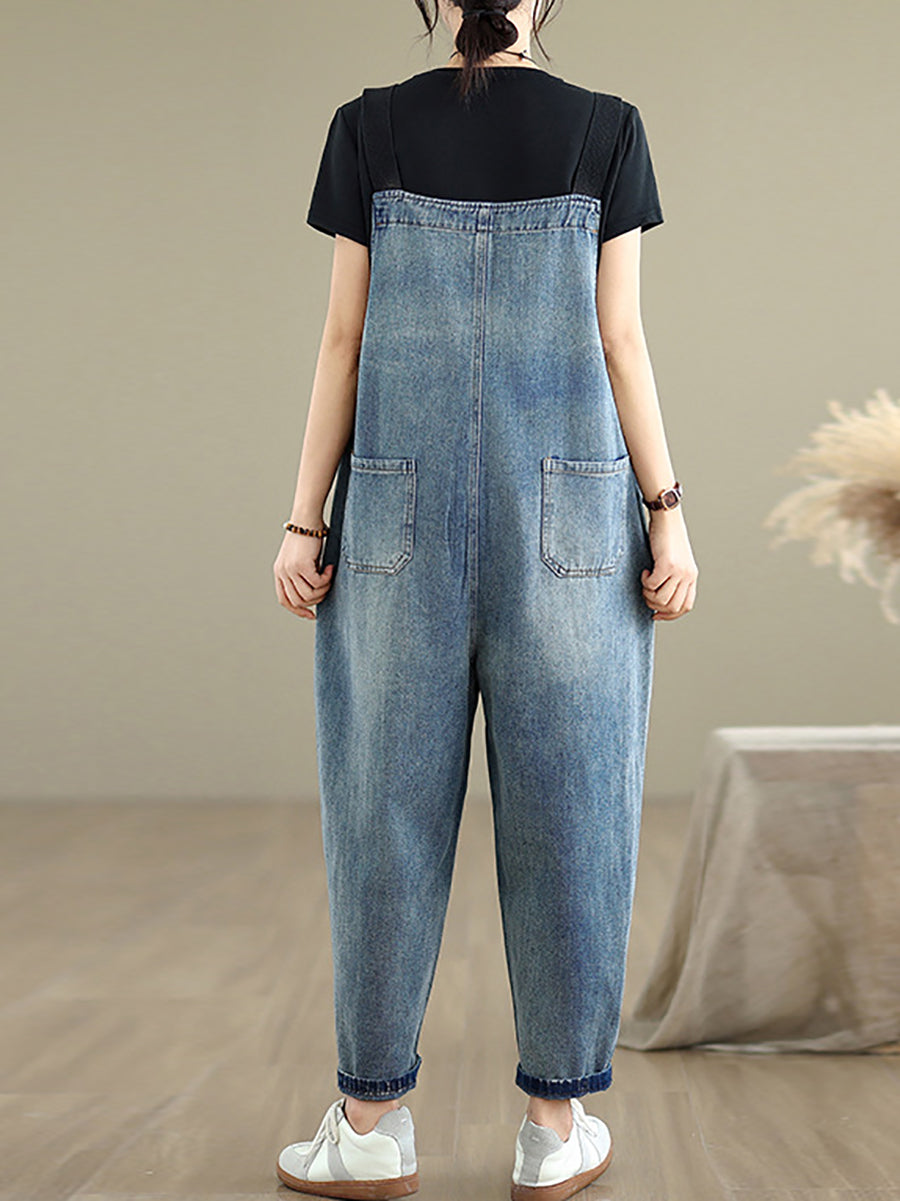 Women Summer Casual Pure Color Denim Loose Jumpsuits