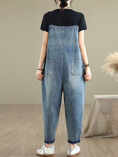 Women Summer Casual Pure Color Denim Loose Jumpsuits